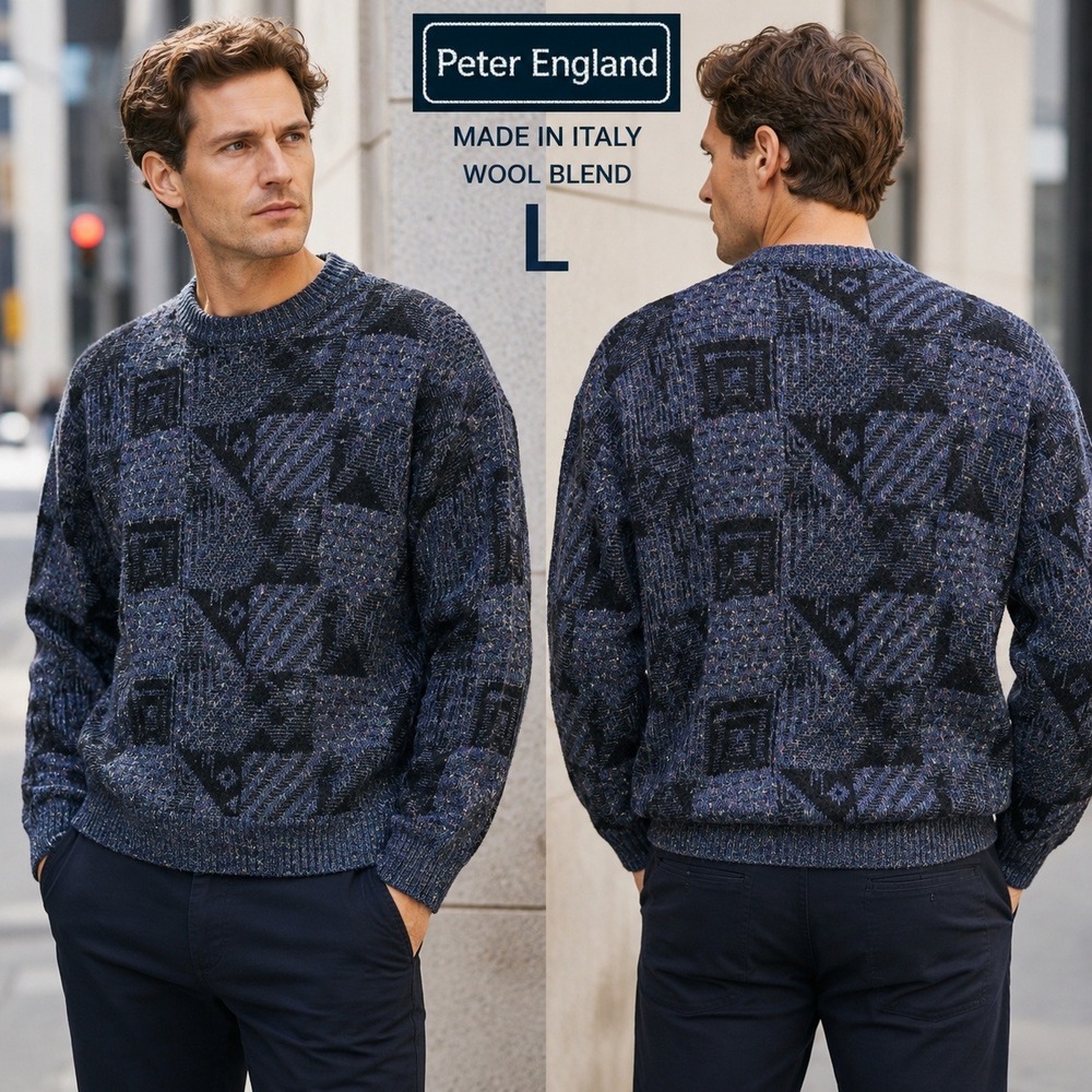 Peter England Mens Wool Blend Geometric Sweater Made in Italy‎ Blue Black Large
